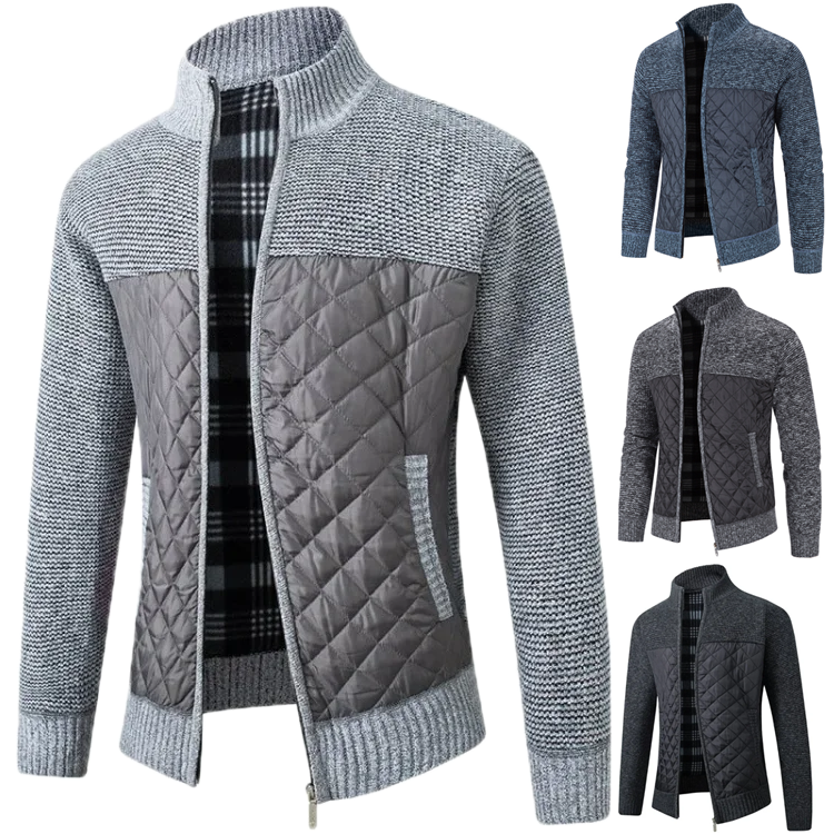 Relenzo - Men's Stand Collar Plaid Zip-Up Sweater Jacket